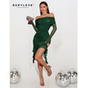 image:imageBeryLove Womens Off Shoulder Sequin Club Prom Dress Ruched Bodycon Glitter Cocktail Gown Long Sleeves Formal Party Short Sexy Dresses WYS001 DarkGreen S