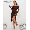 image:imageBeryLove Womens Off Shoulder Sequin Prom Cocktail Gown Ruched Bodycon Club Night Out Dress Midi Long Bell Sleeves Formal Party Sexy Dresses WYS001 Brown XL