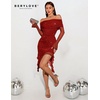 image:imageBeryLove Womens Sexy Elegant Ruffle Long Sleeve Sequin Bodycon Club Dresses Long Sleeves Glitter Gown Off Shoulder Ruched Party Prom Night Out Dress WYS001 Red M