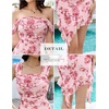 image:imageBeryLove Womens Sexy Off Shoulder Mesh Midi Wedding Guest Dresses Ruched Bodycon Ruffled Cocktail DressPrint Pink