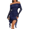 image:imageBeryLove Womens Sexy Elegant Ruffle Long Sleeve Sequin Bodycon Club Dresses Long Sleeves Glitter Gown Off Shoulder Ruched Party Prom Night Out Dress WYS001 Navy M
