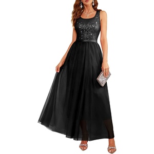 image:imageBeryLove Sequin Dress for Woman Vintage A Line Wedding Formal Swing Mesh Dress Sleeveless Cocktail Maxi GownsLongblack