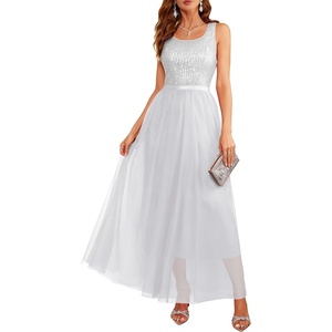 image:imageBeryLove Sequin Dress for Woman Vintage A Line Wedding Formal Swing Mesh Dress Sleeveless Cocktail Maxi GownsLongwhite