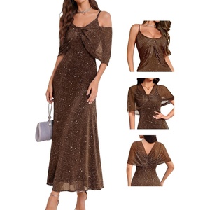 image:imageBeryLove Sequin Formal Cocktail Long Dress Evening Wedding Guest Mother of The Bride Dresses with ShawlBrown