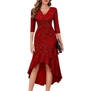 image:imageBeryLove Sequin Formal Cocktail Wedding Guest Dress Summer Prom Sparkly Party Evening Gowns Ruffle Hi Low Midi DressesRed
