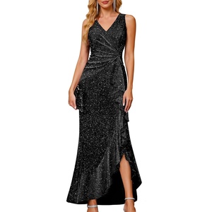 image:imageBeryLove Sequin Formal Wedding Guest Prom Cocktail Party Long Ruffle Dresses Sparkly Evening Mother of The Bride DressBlack