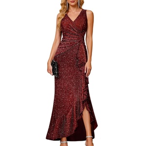 image:imageBeryLove Sequin Formal Wedding Guest Prom Cocktail Party Long Ruffle Dresses Sparkly Evening Mother of The Bride DressBurgundy