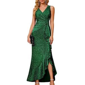 image:imageBeryLove Sequin Formal Wedding Guest Prom Cocktail Party Long Ruffle Dresses Sparkly Evening Mother of The Bride DressDark Green