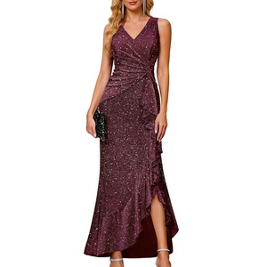 image:imageBeryLove Sequin Formal Wedding Guest Prom Cocktail Party Long Ruffle Dresses Sparkly Evening Mother of The Bride DressMaroon