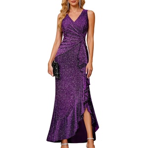 image:imageBeryLove Sequin Formal Wedding Guest Prom Cocktail Party Long Ruffle Dresses Sparkly Evening Mother of The Bride DressPurple