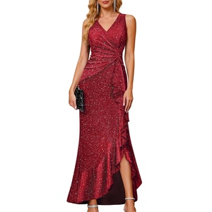 image:imageBeryLove Sequin Formal Wedding Guest Prom Cocktail Party Long Ruffle Dresses Sparkly Evening Mother of The Bride DressRed