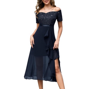 image:imageBeryLove Sequin Formal Wedding Guest Prom Party Dress Off Shoulder Cocktail Sparkly Midi Evening DressNavy