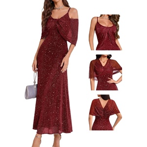 image:imageBeryLove Women Sequin Formal Party Dress Sparkly Cocktail Evening Prom Gown Elegant Wedding Dresses with Shawl 0033 Red XL