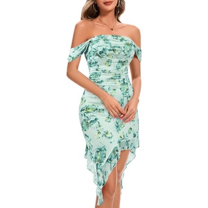 image:imageBeryLove Womens Sexy Off Shoulder Mesh Midi Wedding Guest Dresses Ruched Bodycon Ruffled Cocktail DressPrint Green