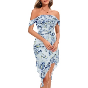 image:imageBeryLove Womens Sexy Off Shoulder Mesh Midi Wedding Guest Dresses Ruched Bodycon Ruffled Cocktail DressPrint Greyblue