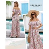 image:imageBeryLove Women Floral Casual Jumpsuit Summer Off The Shoulder Wide Leg Vacation Beach Jumpsuits with PocketsPink