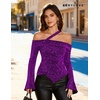 image:imageBeryLove Women Sparkly Top Off Shoulder Fitted Rhinestone Blouse  For any Cocktail Party or Evening event this Fitted Asymmetrical Glitter Rhinestone Long Sleeve Top makes you shinePurple