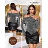 image:imageBeryLove Women Sparkly Top Off Shoulder Fitted Rhinestone Blouse  For any Cocktail Party or Evening event this Fitted Asymmetrical Glitter Rhinestone Long Sleeve Top makes you shineSilver