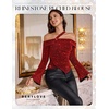 image:imageBeryLove Women Sparkly Top Off Shoulder Fitted Rhinestone Blouse  For any Cocktail Party or Evening event this Fitted Asymmetrical Glitter Rhinestone Long Sleeve Top makes you shineBurgundy