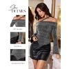image:imageBeryLove Women Sparkly Top Off Shoulder Fitted Rhinestone Blouse  For any Cocktail Party or Evening event this Fitted Asymmetrical Glitter Rhinestone Long Sleeve Top makes you shineSilver