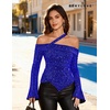 image:imageBeryLove Women Sparkly Top Off Shoulder Fitted Rhinestone Blouse  For any Cocktail Party or Evening event this Fitted Asymmetrical Glitter Rhinestone Long Sleeve Top makes you shineNavy