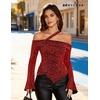 image:imageBeryLove Women Sparkly Top Off Shoulder Fitted Rhinestone Blouse  For any Cocktail Party or Evening event this Fitted Asymmetrical Glitter Rhinestone Long Sleeve Top makes you shineBurgundy