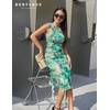 image:imageBeryLove Womens Summer Ruched Bodycon Dress Sleeveless Ruffle Cocktail Wedding Party DressesPrint Green
