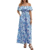image:imageBeryLove Women Floral Casual Jumpsuit Summer Off The Shoulder Wide Leg Vacation Beach Jumpsuits with PocketsBlue