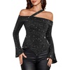 image:imageBeryLove Women Sparkly Top Off Shoulder Fitted Rhinestone Blouse  For any Cocktail Party or Evening event this Fitted Asymmetrical Glitter Rhinestone Long Sleeve Top makes you shineBlack