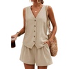 image:imageBeryLove Womens Summer 2 Piece Outfits Sleeveless Button Down Lined Vest Shorts Matching Sets with Pockets Dressy CasualKhaki