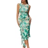 image:imageBeryLove Womens Summer Ruched Bodycon Dress Sleeveless Ruffle Cocktail Wedding Party DressesPrint Green