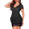 image:imageWomens Sparkly Sequin Tops Short Sleeve Glitter Casual Summer VNeck Ruffle TopBlack