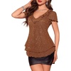 image:imageWomens Sparkly Sequin Tops Short Sleeve Glitter Casual Summer VNeck Ruffle TopBrown