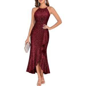 image:imageBeryLove Sequin Formal Cocktail Wedding Long Dresses Evening Ruffle Halter Prom DressBurgundy