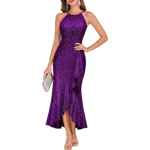 image:imageBeryLove Sequin Formal Cocktail Wedding Long Dresses Evening Ruffle Halter Prom DressPurple
