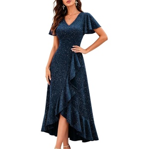 image:imageBeryLove Sequin Formal Dress Flutter Short Sleeve Wedding Guest Prom Cocktail Long Evening DressNavy