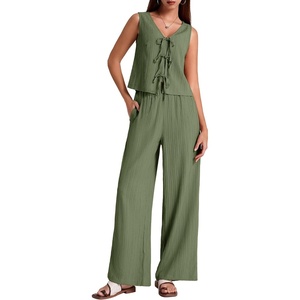 image:imageBeryLove Two Piece Sets for Women Summer Outfits Lounge Sets Cap Sleeve Tops Wide Leg Crop Pants Vacation Travel Outfits