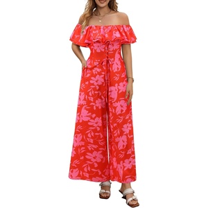 image:imageBeryLove Women Floral Casual Jumpsuit Summer Off The Shoulder Wide Leg Vacation Beach Jumpsuits with PocketsRosered