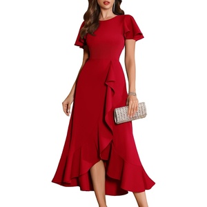 image:imageBeryLove Women Formal Party Dress Flutter Short Sleeve Wedding Cocktail Long Evening DressRed