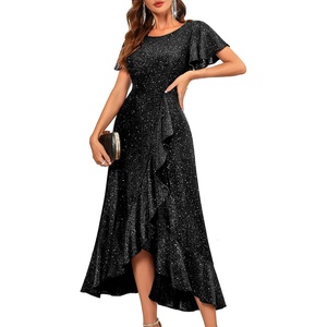image:imageBeryLove Women Sequin Formal Party Dress Flutter Short Sleeve Wedding Cocktail Long Evening DressBlack