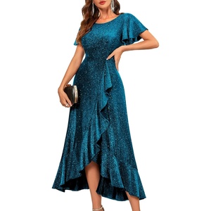 image:imageBeryLove Women Sequin Formal Party Dress Flutter Short Sleeve Wedding Cocktail Long Evening DressTealblue