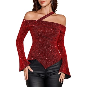 image:imageBeryLove Women Sparkly Top Off Shoulder Fitted Rhinestone Blouse  For any Cocktail Party or Evening event this Fitted Asymmetrical Glitter Rhinestone Long Sleeve Top makes you shineBurgundy