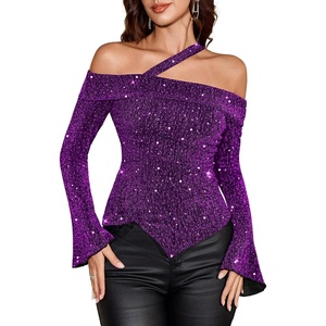 image:imageBeryLove Women Sparkly Top Off Shoulder Fitted Rhinestone Blouse  For any Cocktail Party or Evening event this Fitted Asymmetrical Glitter Rhinestone Long Sleeve Top makes you shinePurple