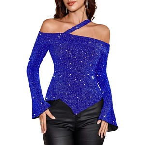 image:imageBeryLove Women Sparkly Top Off Shoulder Fitted Rhinestone Blouse  For any Cocktail Party or Evening event this Fitted Asymmetrical Glitter Rhinestone Long Sleeve Top makes you shineNavy