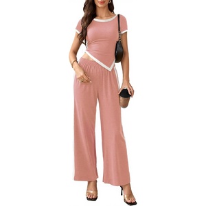 image:imageBeryLove Womens 2 Piece Outfits Lounge Sets Slim Short Sleeve Tops Wide Leg Pants Sets Tracksuits Match Sets