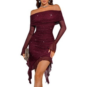 image:imageBeryLove Womens Off Shoulder Sequin Short Prom Cocktail Dress Ruched Bodycon Long Bell Sleeves Formal Party Sexy Club Night Out Dresses WYS001 Burgundy XL