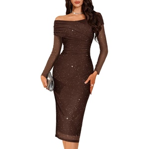 image:imageBeryLove Womens Sparkly Off Shoulder Formal Wedding Guest 2026 Cocktail Mesh Sequin DressBrown