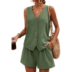 image:imageBeryLove Womens Summer 2 Piece Outfits Sleeveless Button Down Lined Vest Shorts Matching Sets with Pockets Dressy CasualArmy Green