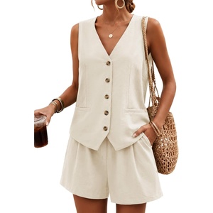 image:imageBeryLove Womens Summer 2 Piece Outfits Sleeveless Button Down Lined Vest Shorts Matching Sets with Pockets Dressy CasualBeige