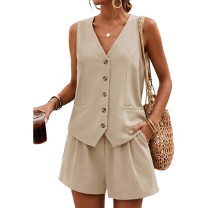 image:imageBeryLove Womens Summer 2 Piece Outfits Sleeveless Button Down Lined Vest Shorts Matching Sets with Pockets Dressy CasualKhaki